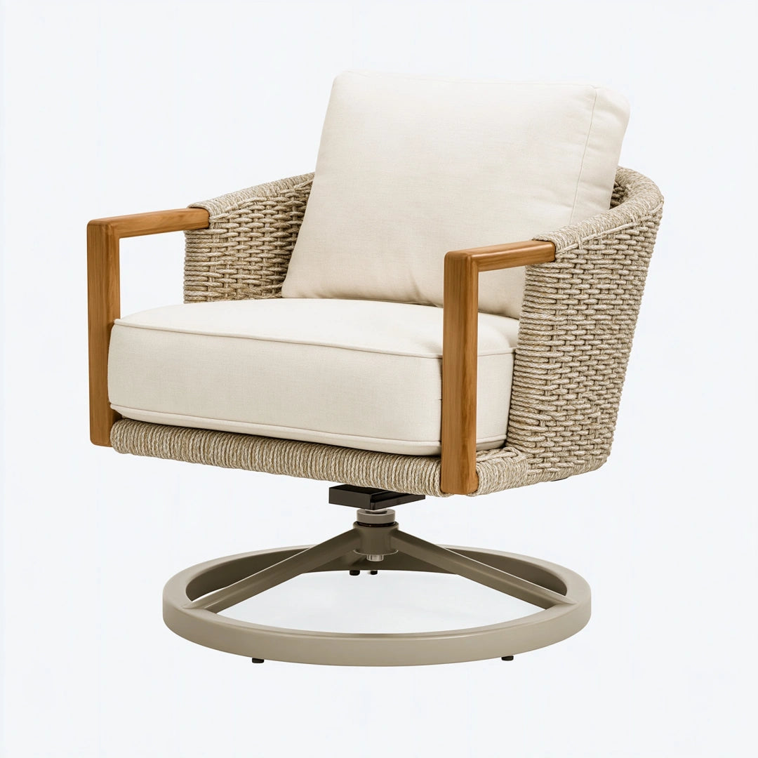 Fauteuil pivotant 76 x 78 x 82 cm en corde tressée bois et tissu beige style naturel