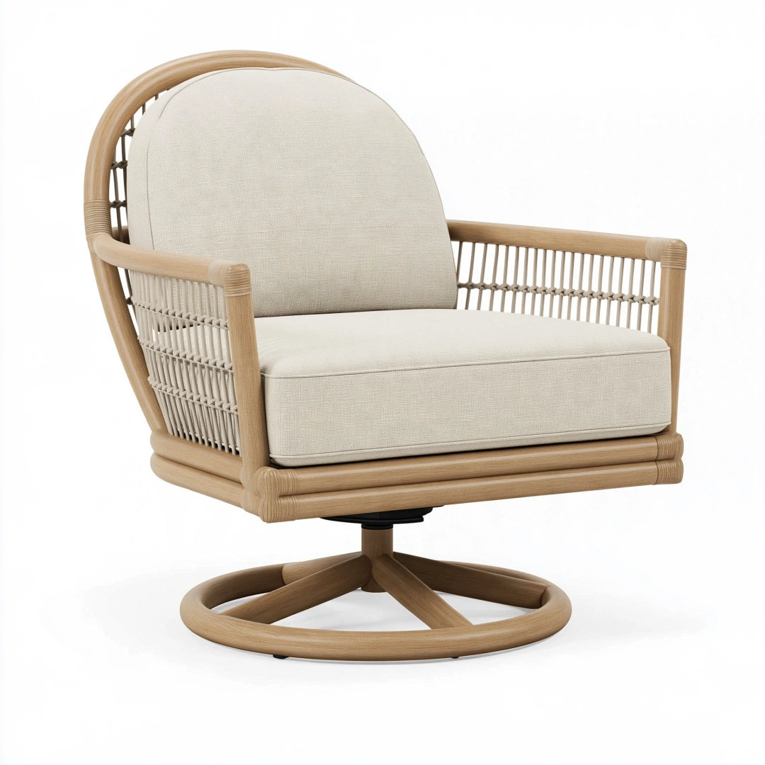 Fauteuil pivotant 80 x 82 x 95 cm en rotin beige avec assise textile style naturel