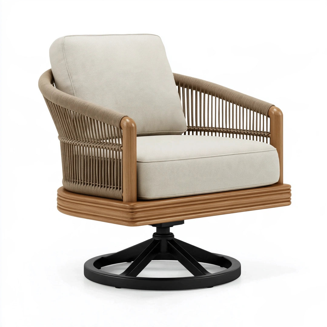 Fauteuil pivotant 80 x 82 x 88 cm en bois brun et tissu beige style naturel