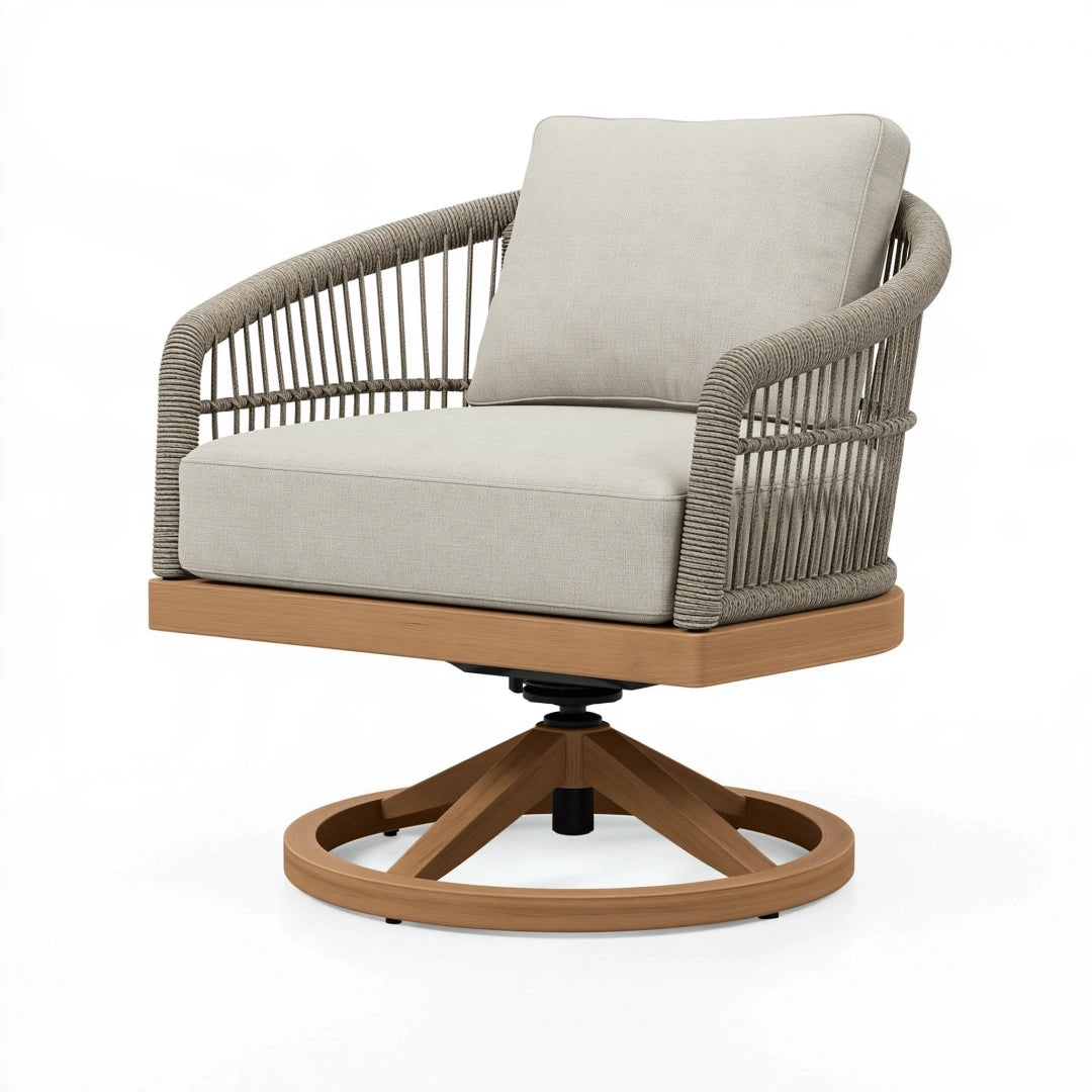 Fauteuil pivotant 85 x 82 x 90 cm en bois beige avec tressage pour salon