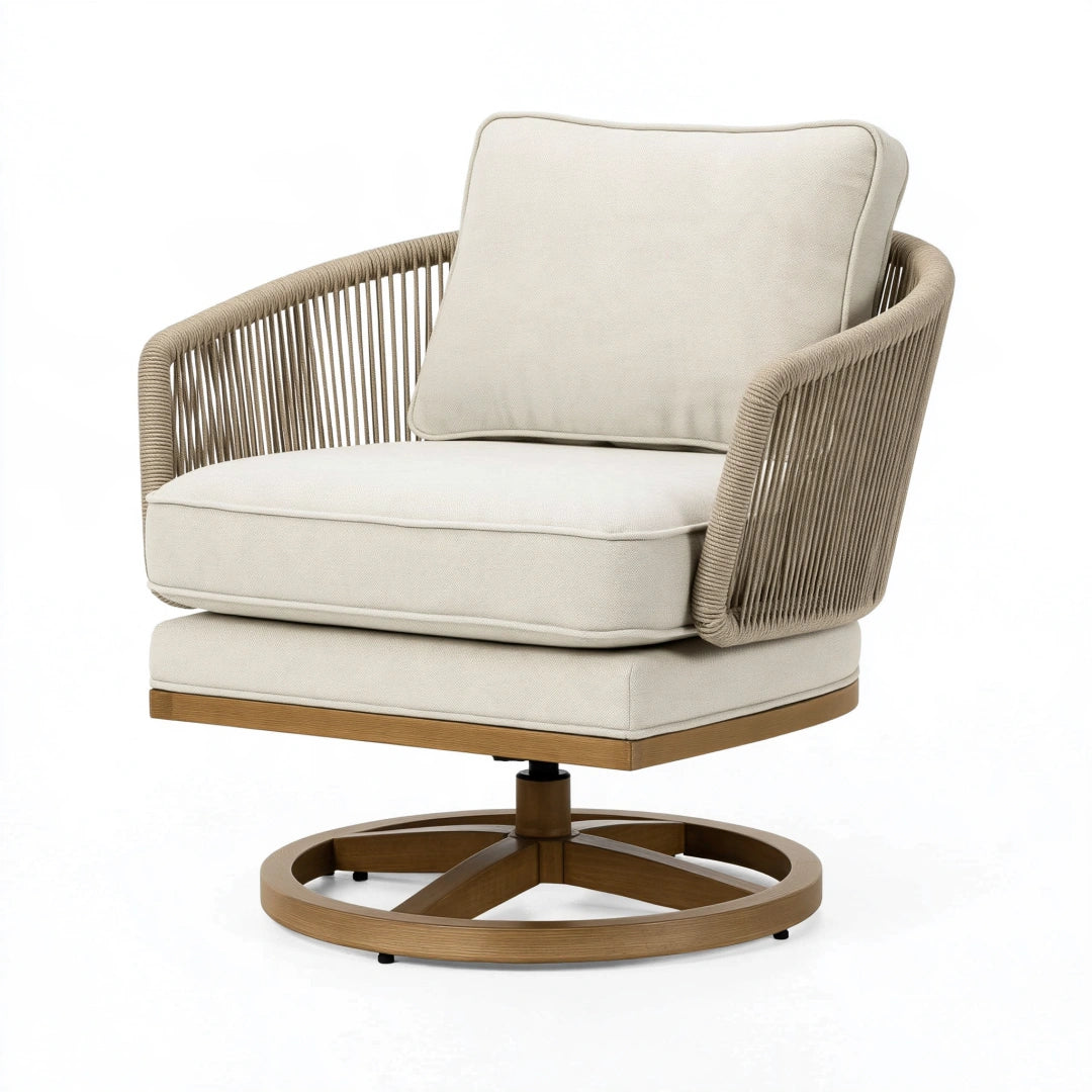 Fauteuil pivotant 82 x 82 x 88 cm en tissu beige et cordage style contemporain