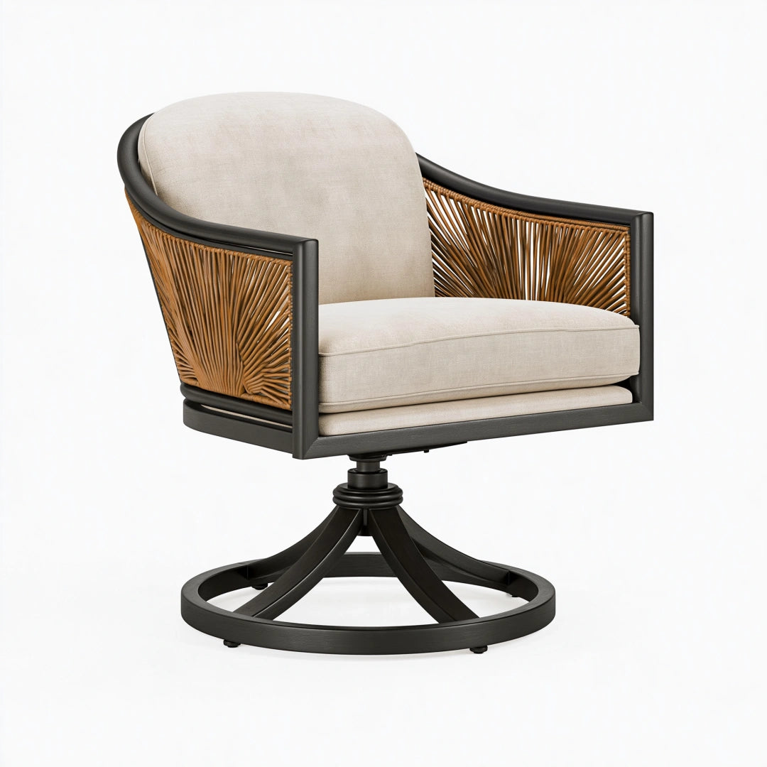 Fauteuil pivotant 78 x 76 x 84 cm en bois rotin et tissu beige style contemporain